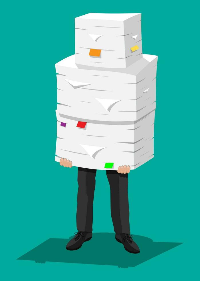 estresado empresario sostiene pila de oficina documentos y documentos. estrés a trabajar. con exceso de trabajo archivo carpetas caja de cartón cajas burocracia, papeleo. vector ilustración en plano estilo