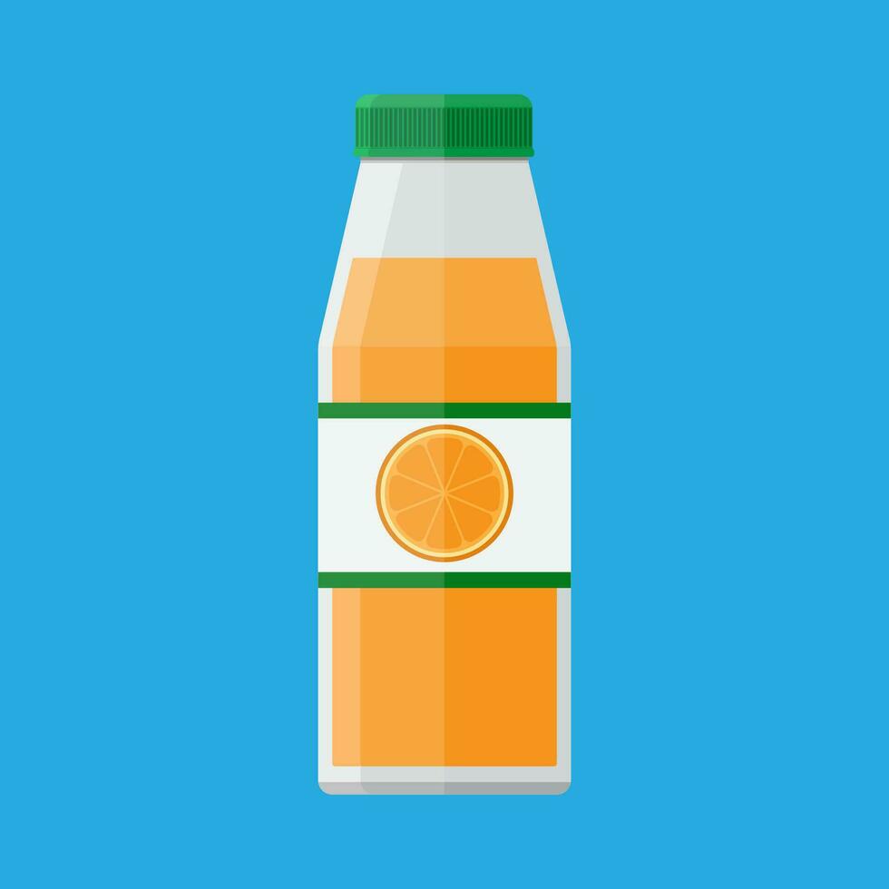 glass bottle of orange juice and fruit on sticker. vector illustration in flat style