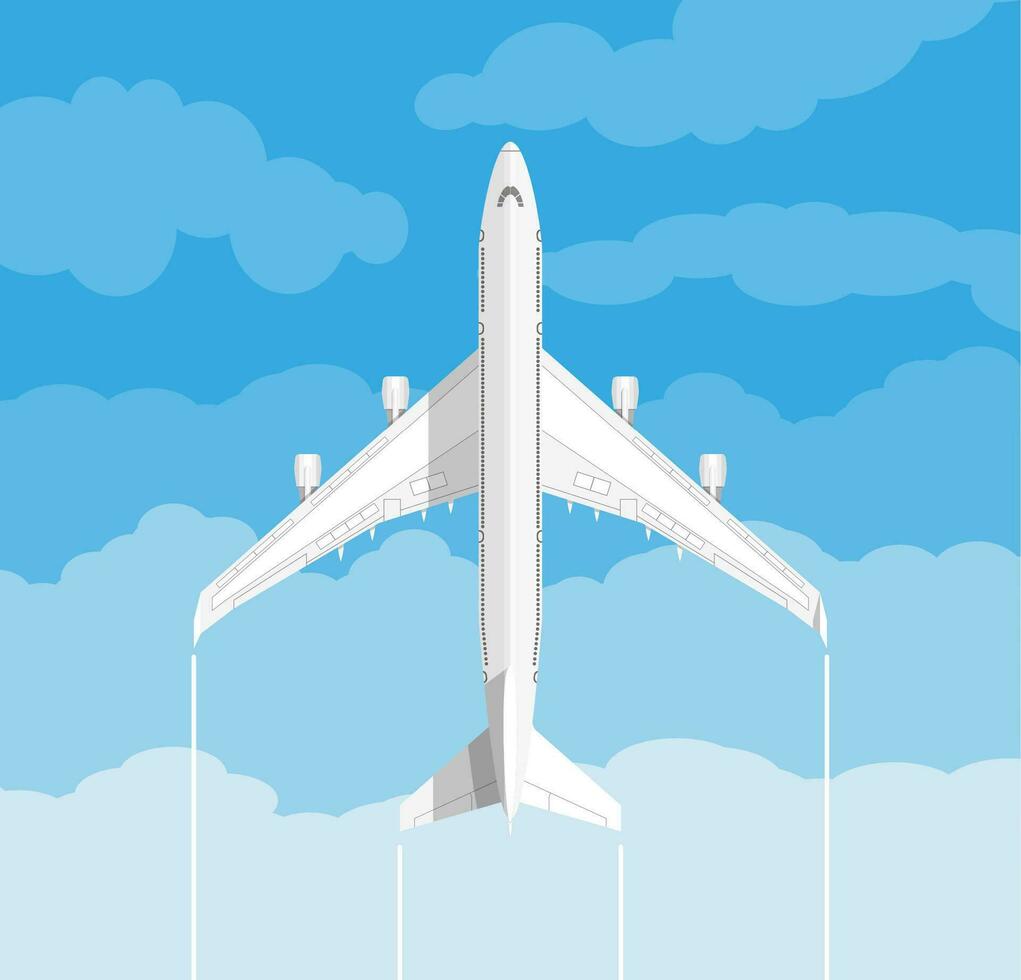 picture of a white civilian plane with clouds. vector illustration in flat design. travel concept