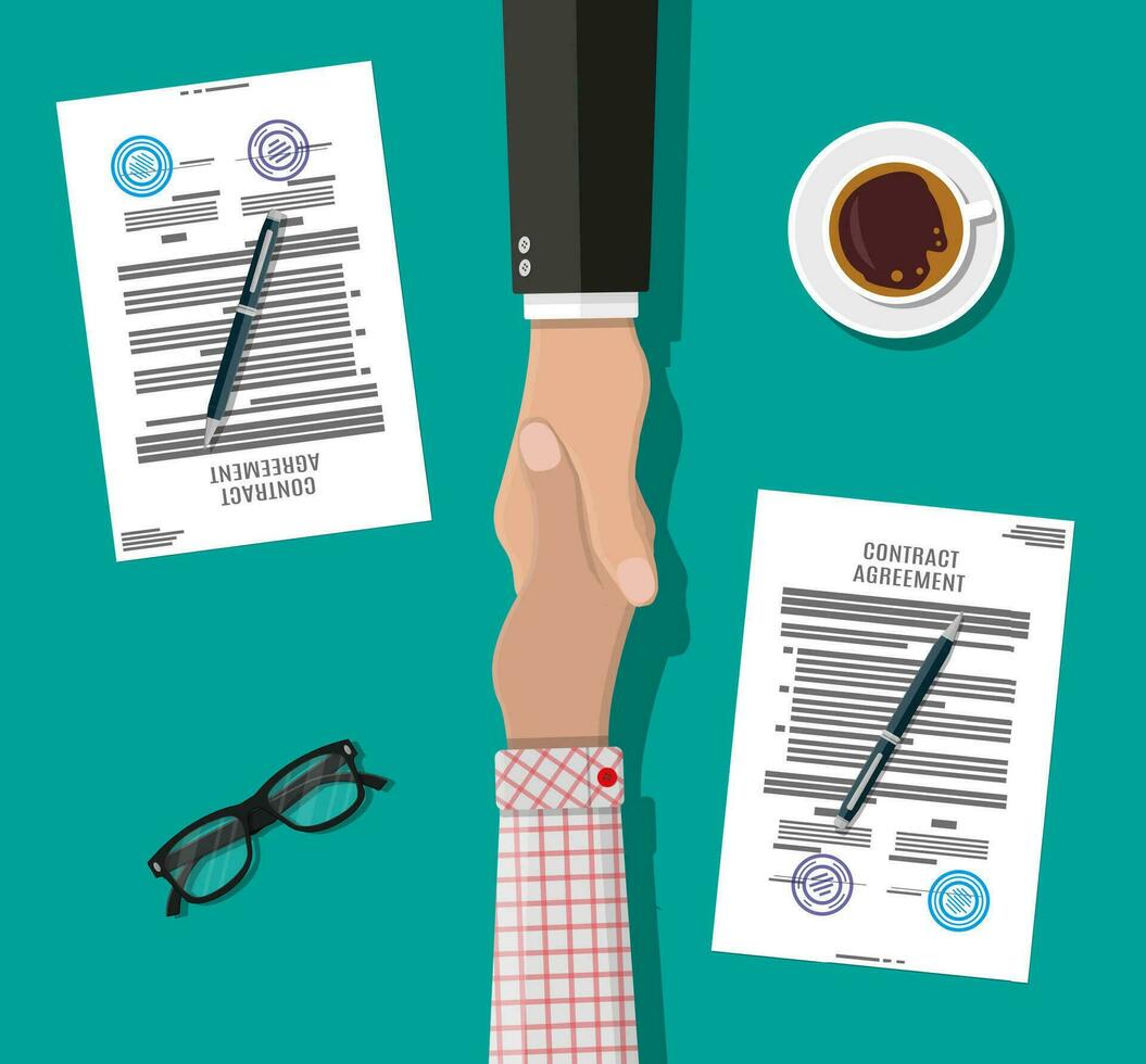 Two businessman shake hands after signed contract. Contract agreement. Shaking hands. Concept of success deal, partnership, agreement. Contract, coffee, eyeglasses. Vector illustration in flat style