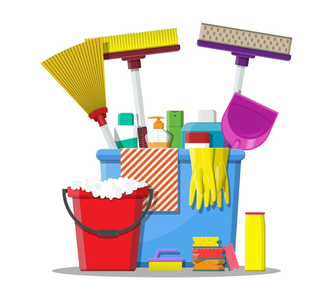 Vector set of cleaning tools. Home clean, sponge, broom, bucket, mop,  cleaning brush. Graphic concept for web sites, web banner, mobile apps,  infographics. Flat 3d vector isometric illustration. Stock Vector by ©Golden