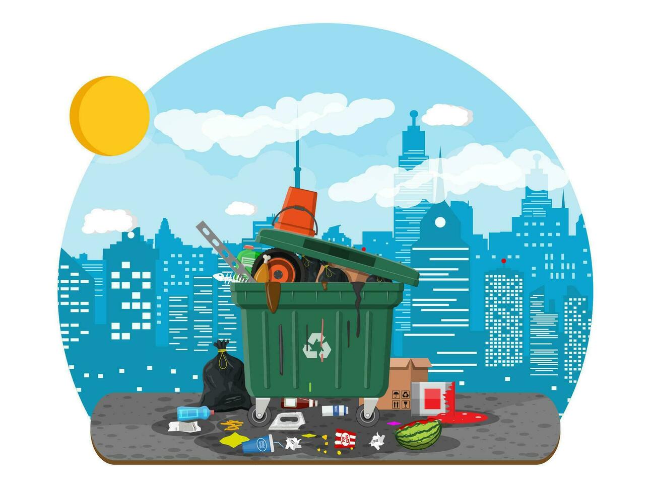 el plastico basura compartimiento lleno de basura. desbordante basura, alimento, podrido fruta, documentos, contenedores y vaso. basura reciclaje y utilización equipo. residuos administración vector ilustración plano estilo