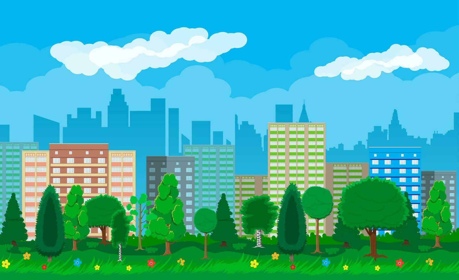 Modern city view. Cityscape with office and residental buildings, city park with trees and flowers, sky and clouds. Vector illustration in flat style