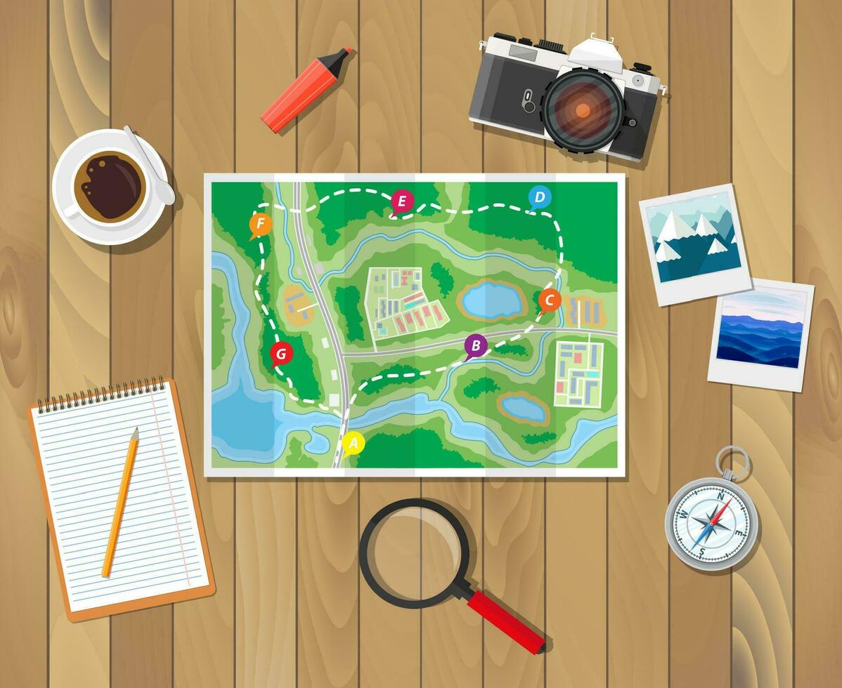 Wooden table with paper map. Photo camera and photos, notepad with pencil, compass, marker, coffee cup, magnifying glass. Planning trip. Vector illustration in flat style