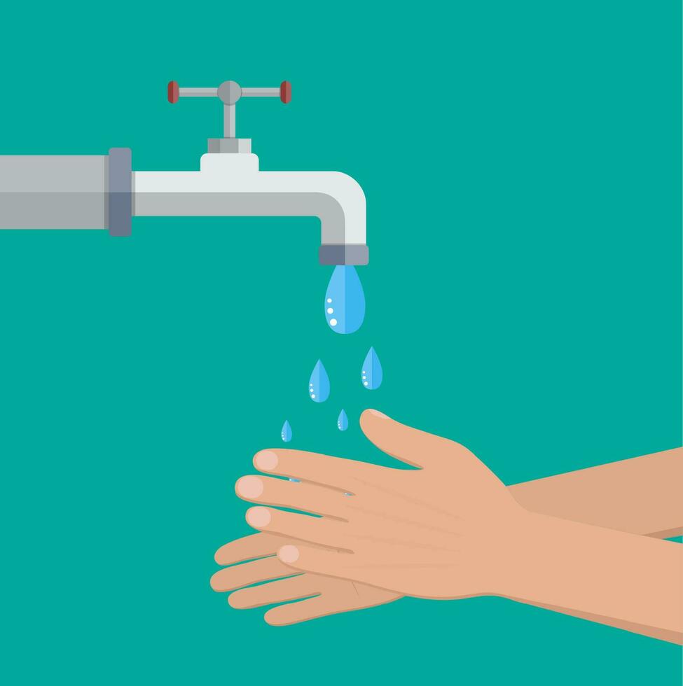 Hands under falling water out of tap. Man washes hands, hygiene, water preservation. Vector illustration in flat style