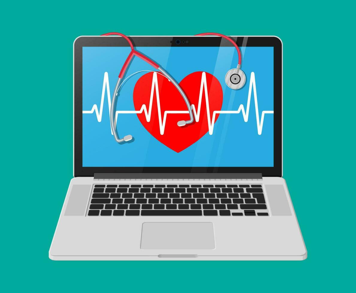 computadora portátil, corazón forma con legumbres línea y estetoscopio. cuidado de la salud, médico diagnósticos urgencia emergencia servicios. Internet, en línea, remoto medicina concepto. vector ilustración en plano estilo