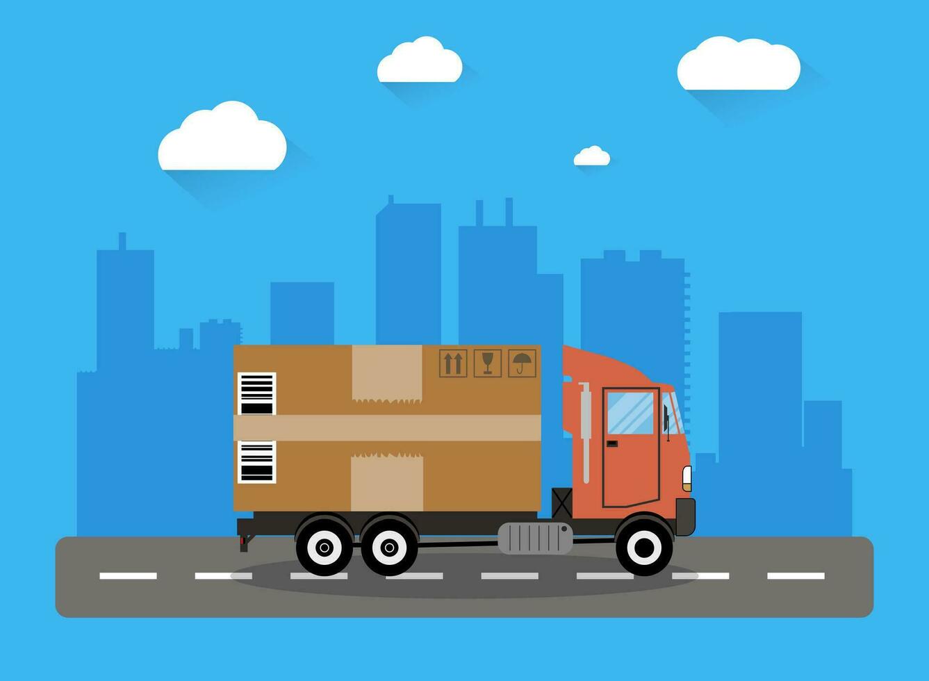 rojo entrega camión transportar grande marrón cartulina paquete en la carretera y ciudad shiluette con nubes vector ilustración en plano diseño. entrega concepto