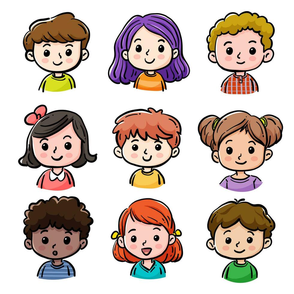 dibujos animados niños avatares colocar. linda cara de Niños y muchachas con diferente peinados, piel colores y etnias vector
