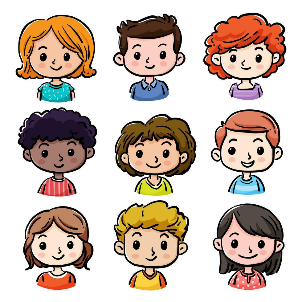 Cartoon children avatars set. Cute face of boys and girls with different hairstyles, skin colors and ethnicities. Vector illustration with hand drawn style