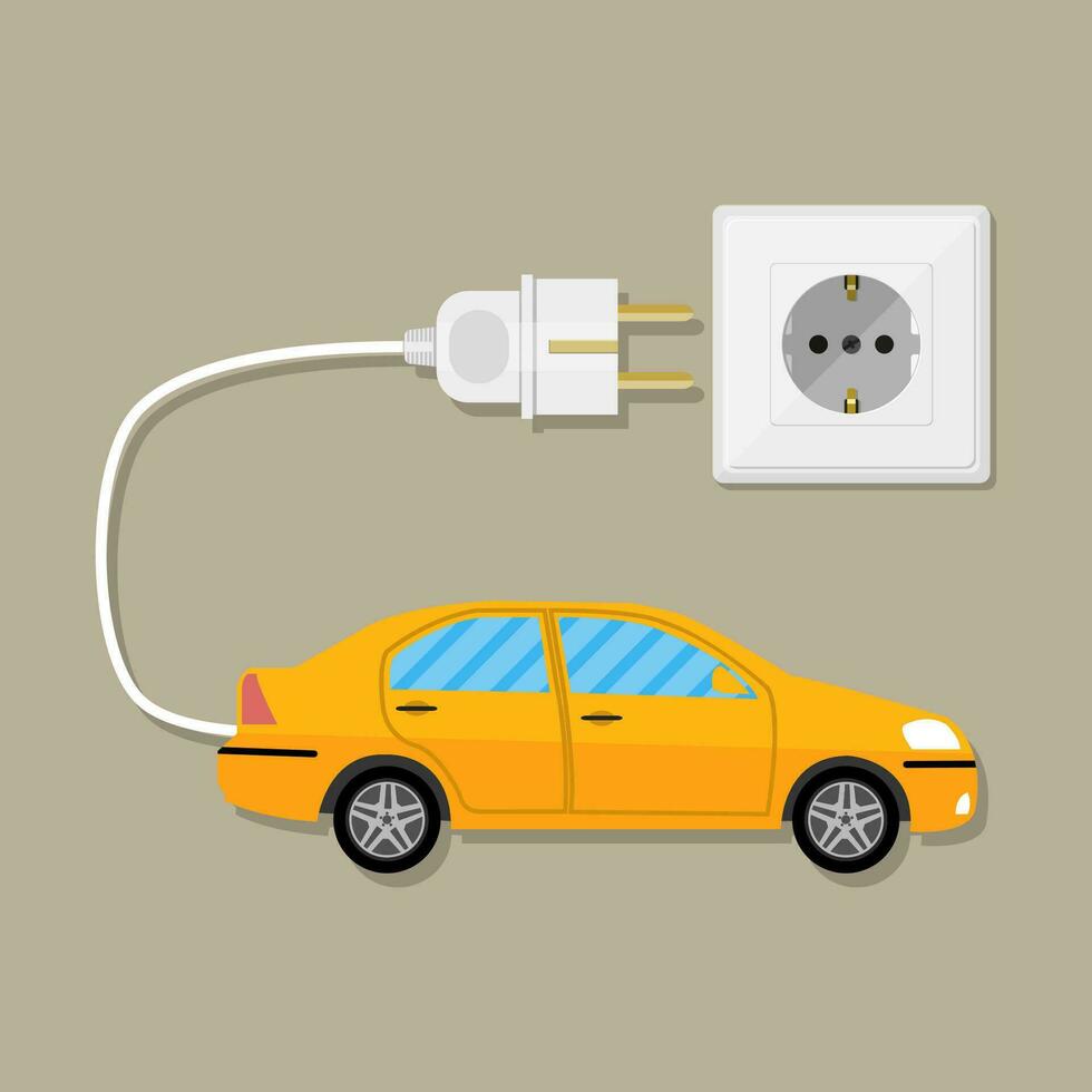 amarillo eléctrico vehículo coche con blanco enchufar. cargando eco coche. vector ilustración en plano diseño en marrón antecedentes