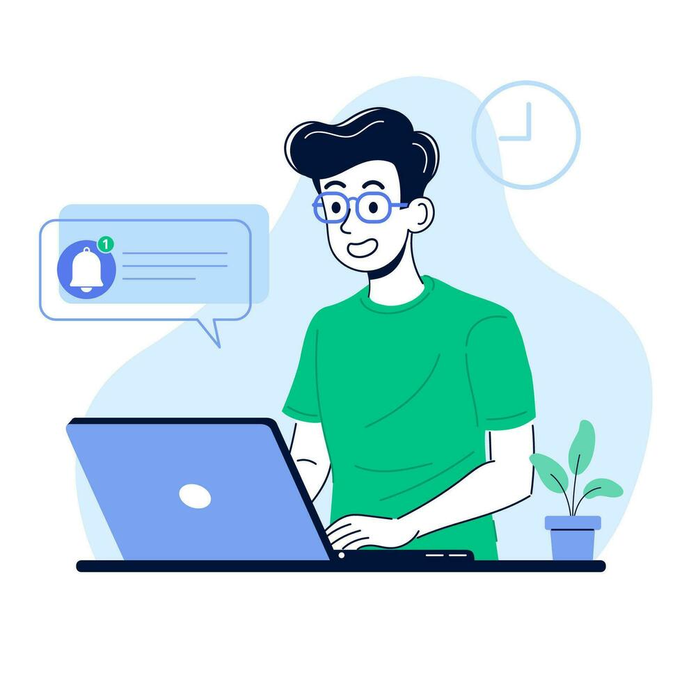 Man using laptop surfing internet, searching information, email checking. Hand drawn style vector illustrations isolated on white background