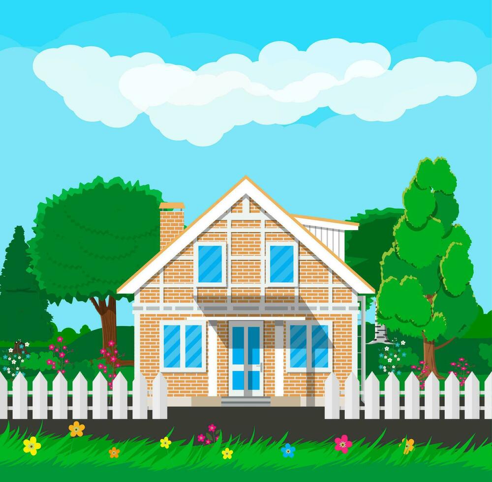 Private suburban house with fence, trees, sky and clouds. Vector illustration in flat style