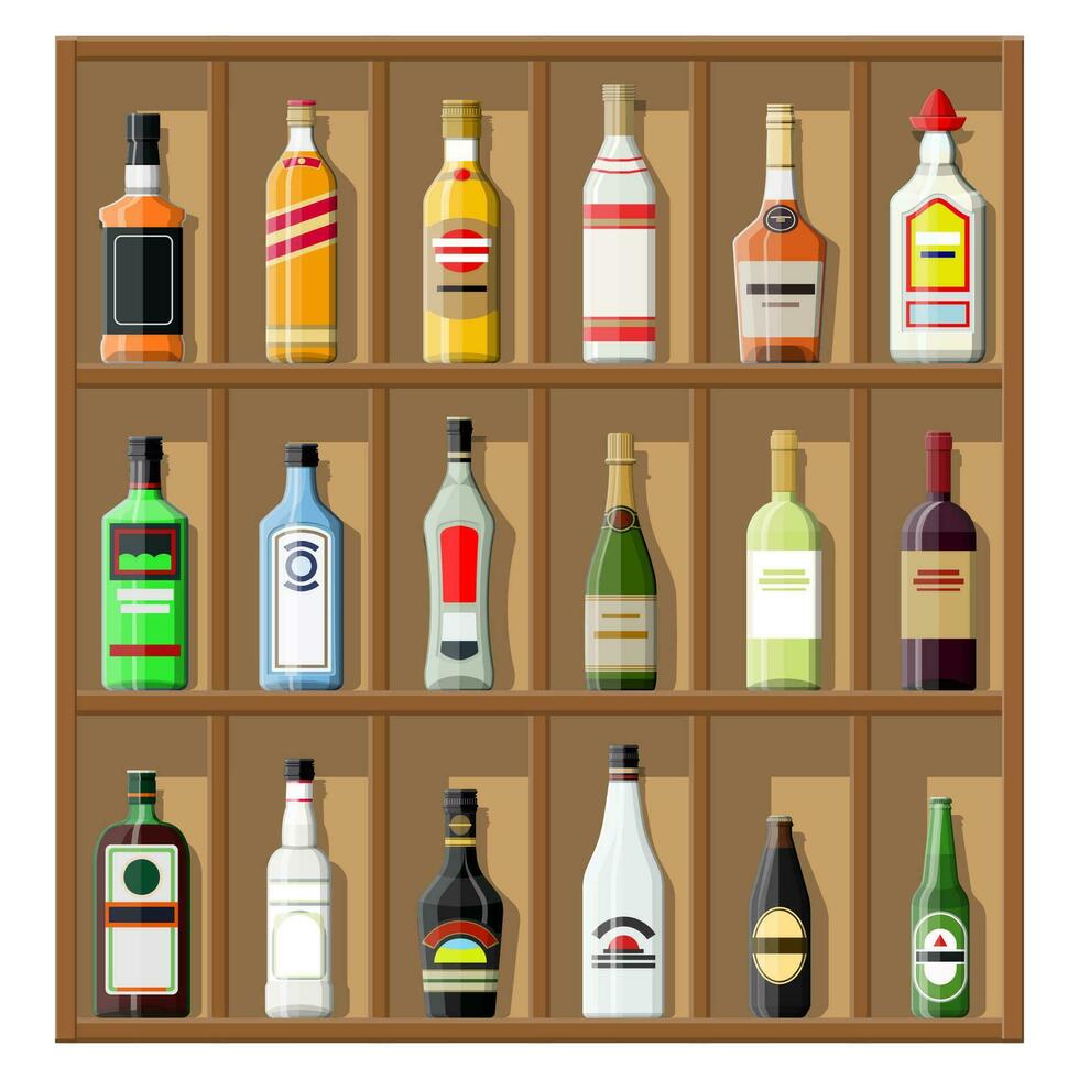 Alcohol drinks collection. Bottles on shelf. Vodka champagne wine whiskey beer brandy tequila cognac liquor vermouth gin rum absinthe sambuca cider bourbon. Vector illustration in flat style.