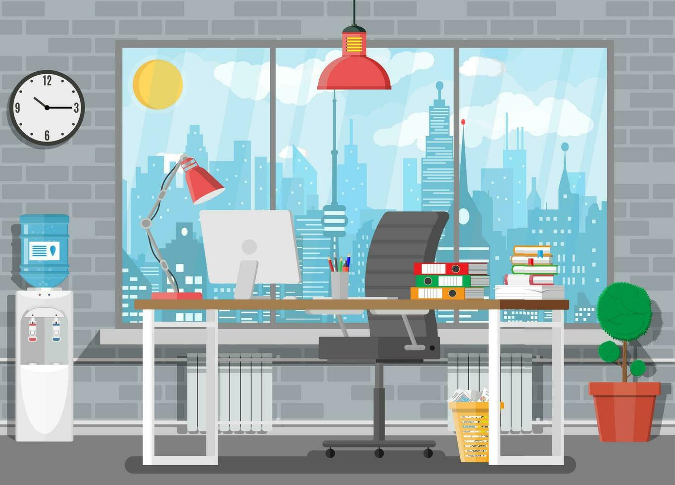 Office building interior. Desk with computer, chair, lamp, books and document papers. Water cooler, tree, clocks, window and cityscape. Modern business workplace. Vector illustration in flat style