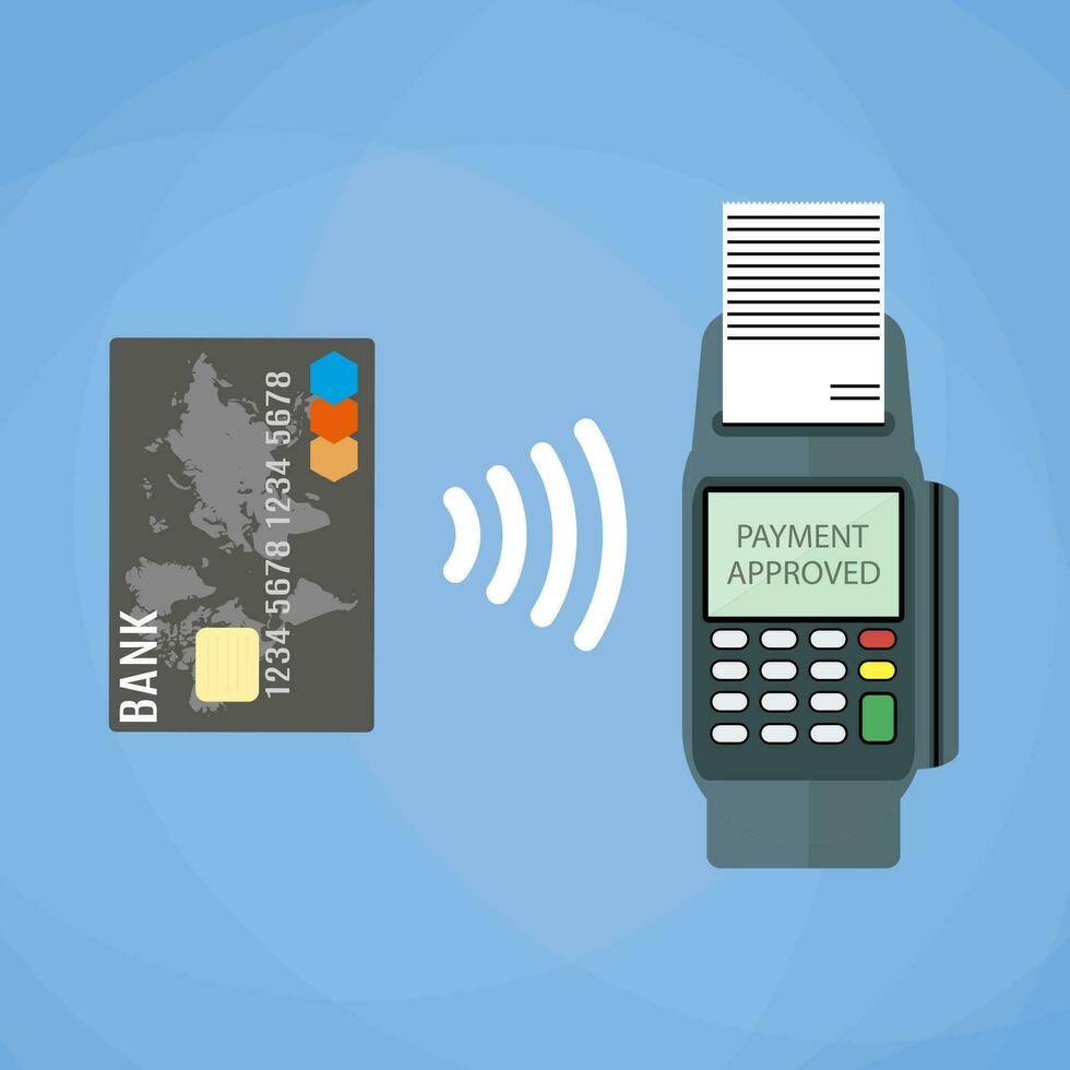 pos terminal confirma el pago por débito crédito tarjeta. vector ilustración en plano diseño en azul antecedentes. nfc pagos concepto