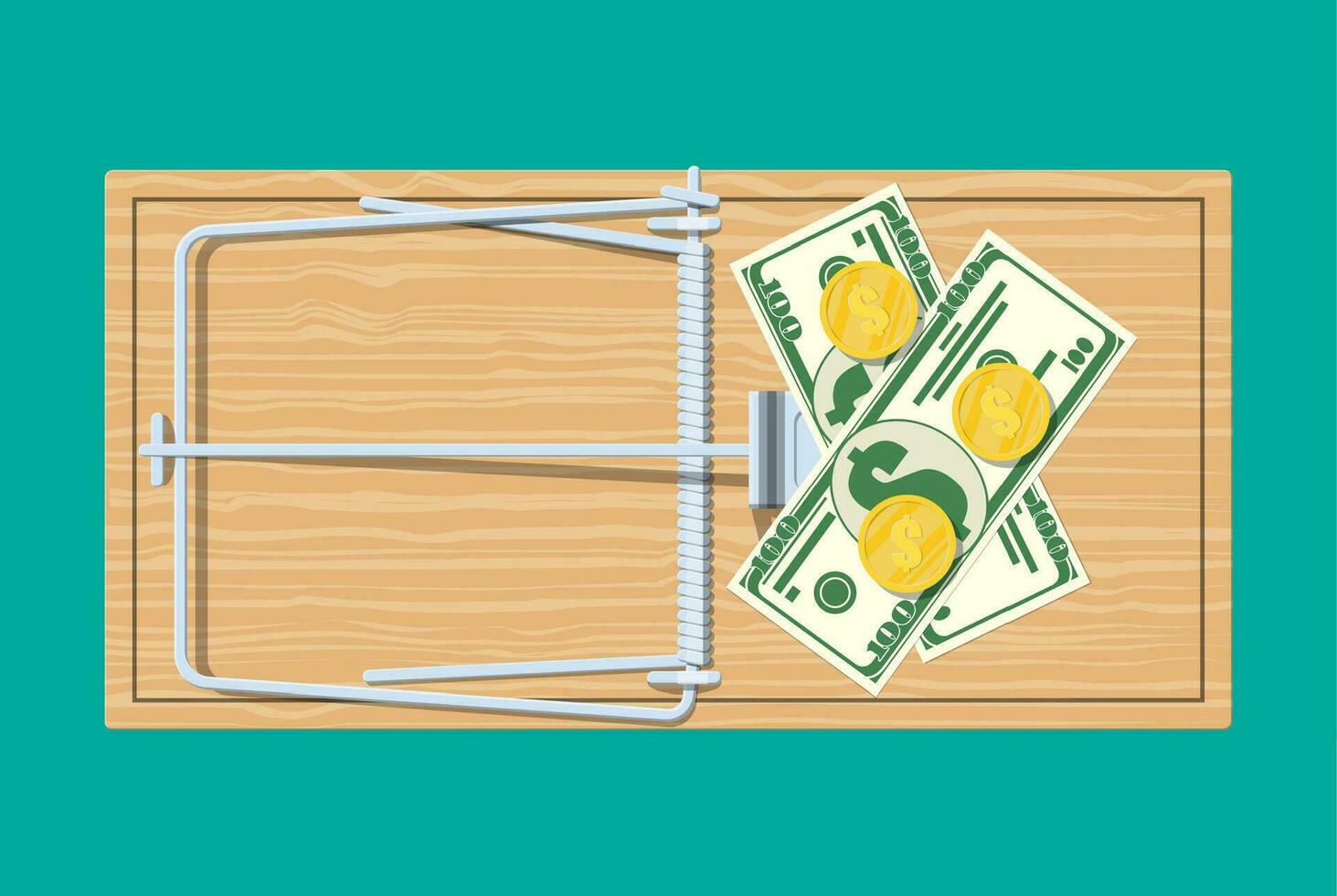 Wooden mouse trap with dollar banknotes and golden coins, classical spring loaded bar trap. Top view. Fraud, freebie, crime and lie. Vector illustration in flat style