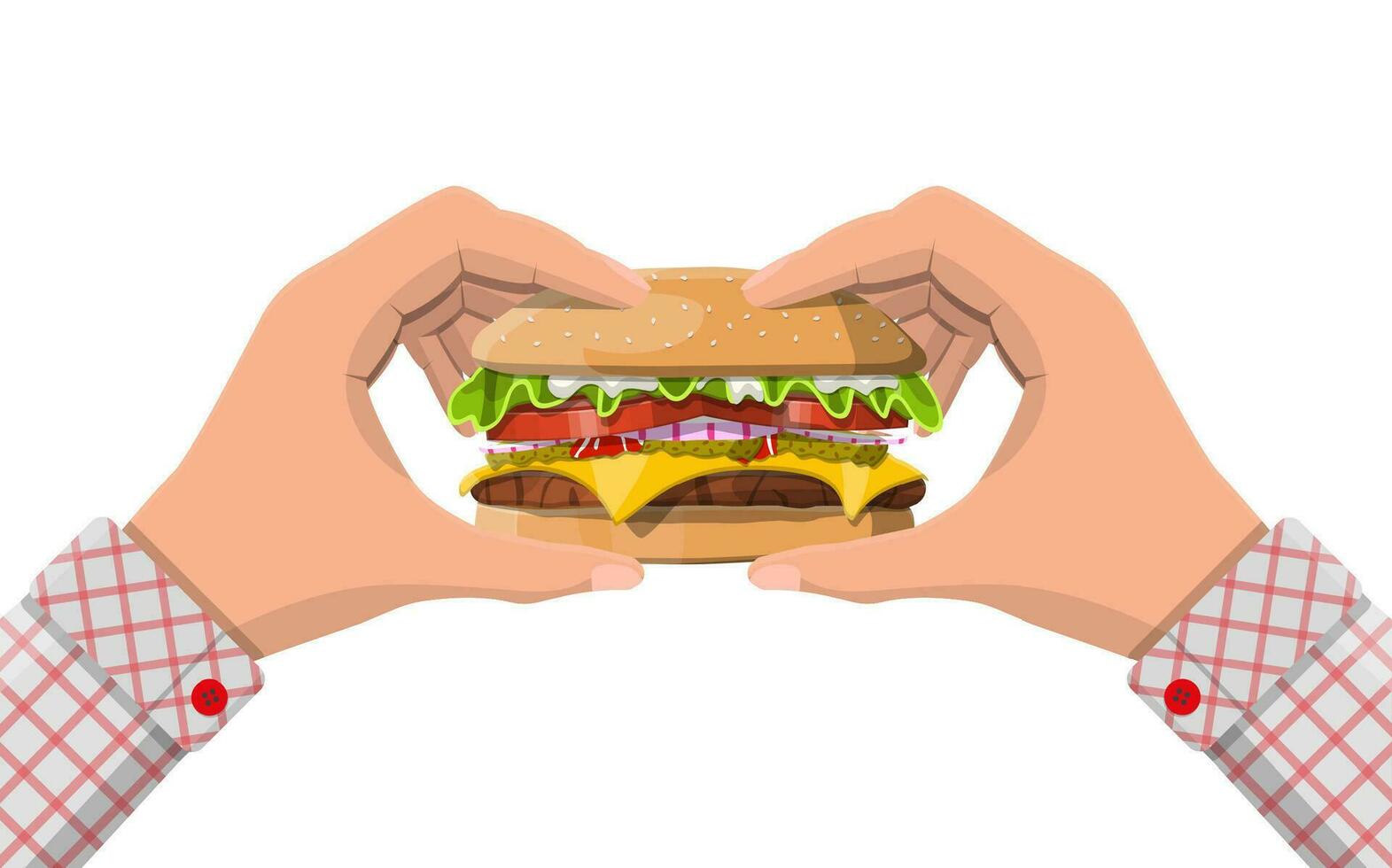 Tasty burger isolated in hands. Burger with onion, salted cucumber, salad, tomatoes, cheese, sauce, bun with sesame seeds and beef cutlet. Fast food. Vector illustration.