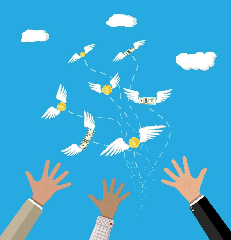 Dollars and coins with wings flying away from businessman hand. Losing money. Vector illustration in flat style