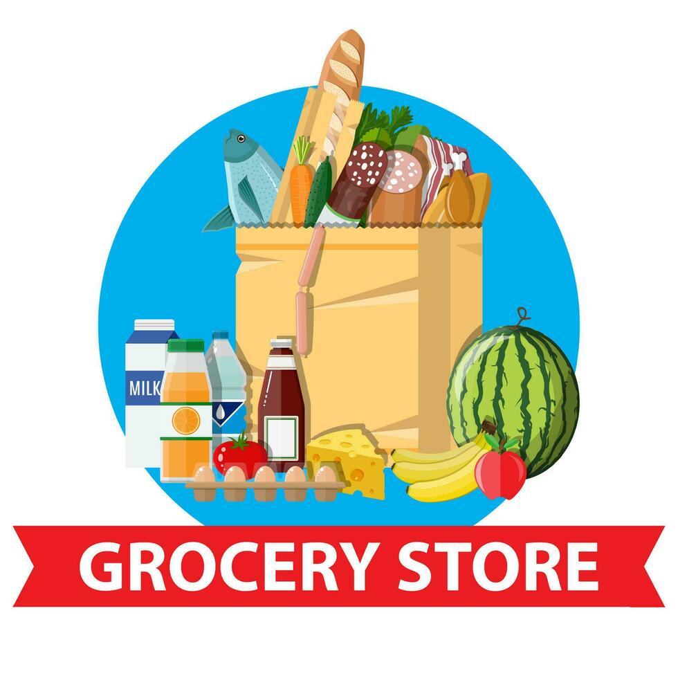 Paper shopping bag full of groceries products. Grocery store. Supermarket. Fresh organic food and drinks. Vector illustration in flat style