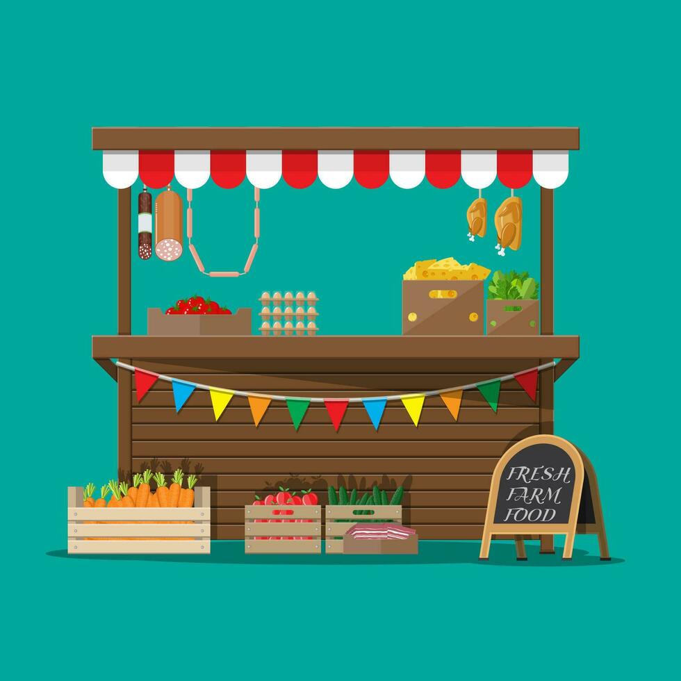 Traditional wooden market food stall full of groceries products with flags, crates and chalk board. Vector illustration in flat style