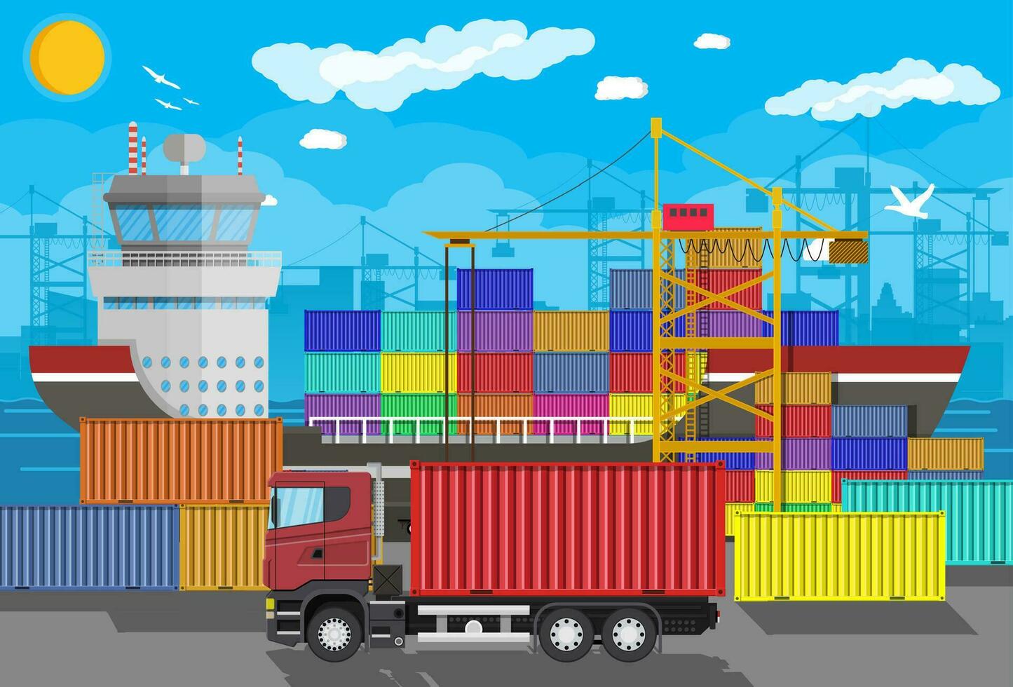 River ocean and sea freight shipping by water. Port crane unloads cargo ship. Containet truck. Background with blue sky and clouds. Sea port logistics and delivery. Vector illustration in flat style