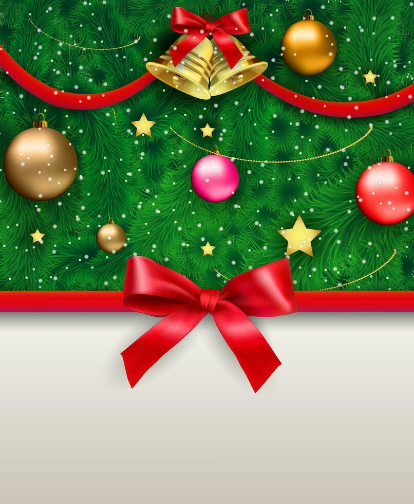 fechado Navidad árbol con rojo plata oro azul y verde vaso pelotas, cadenas, estrellas, arco con campana a cinta, copos de nieve y espacio para texto. modelo para saludo o postal tarjeta, vector ilustración