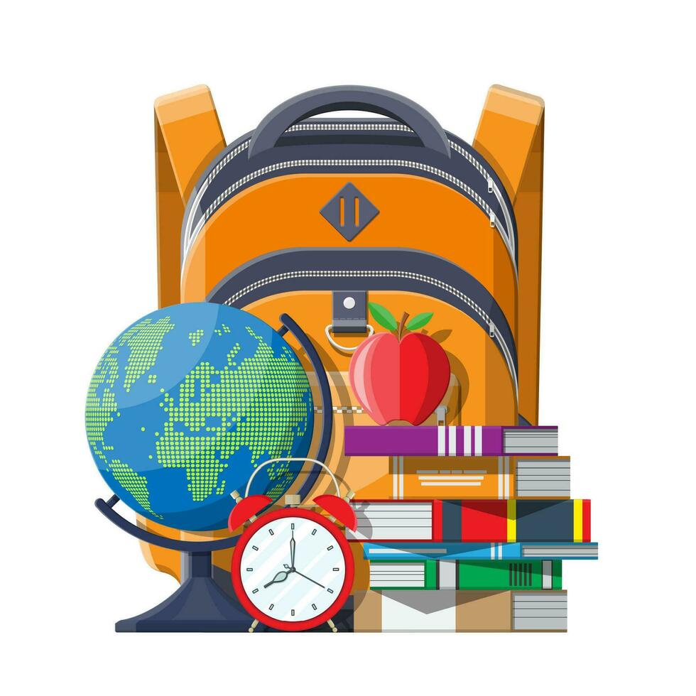 Red apple on pile of books, alarm clocks, globe and school backpack. Education and study learning concept. Back to school. Vector illustration in flat style