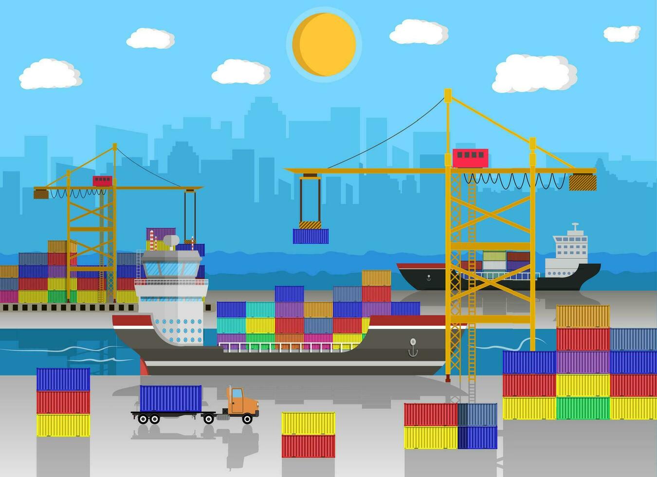 River ocean sea freight shipping by water. crane unloads cargo ship. containet truck. Background with blue sky clouds and cityscape. sea port logistics and delivery. vector illustration in flat style