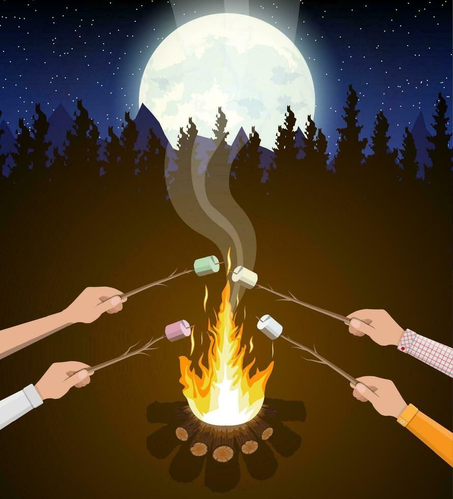 hoguera y manos con malvavisco. registros y fuego. cámping, ardiente pila de leña en noche. árboles, cielo, estrellas y Luna. vector ilustración en plano estilo