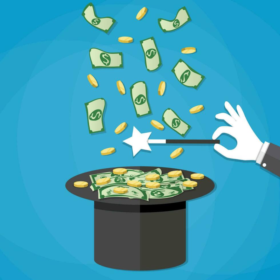 Magic trick concept. Dollar money and golden coins coming out of the magicians hat. Hand with white glove holding magic wand. Vector illustration in flat design on blue background