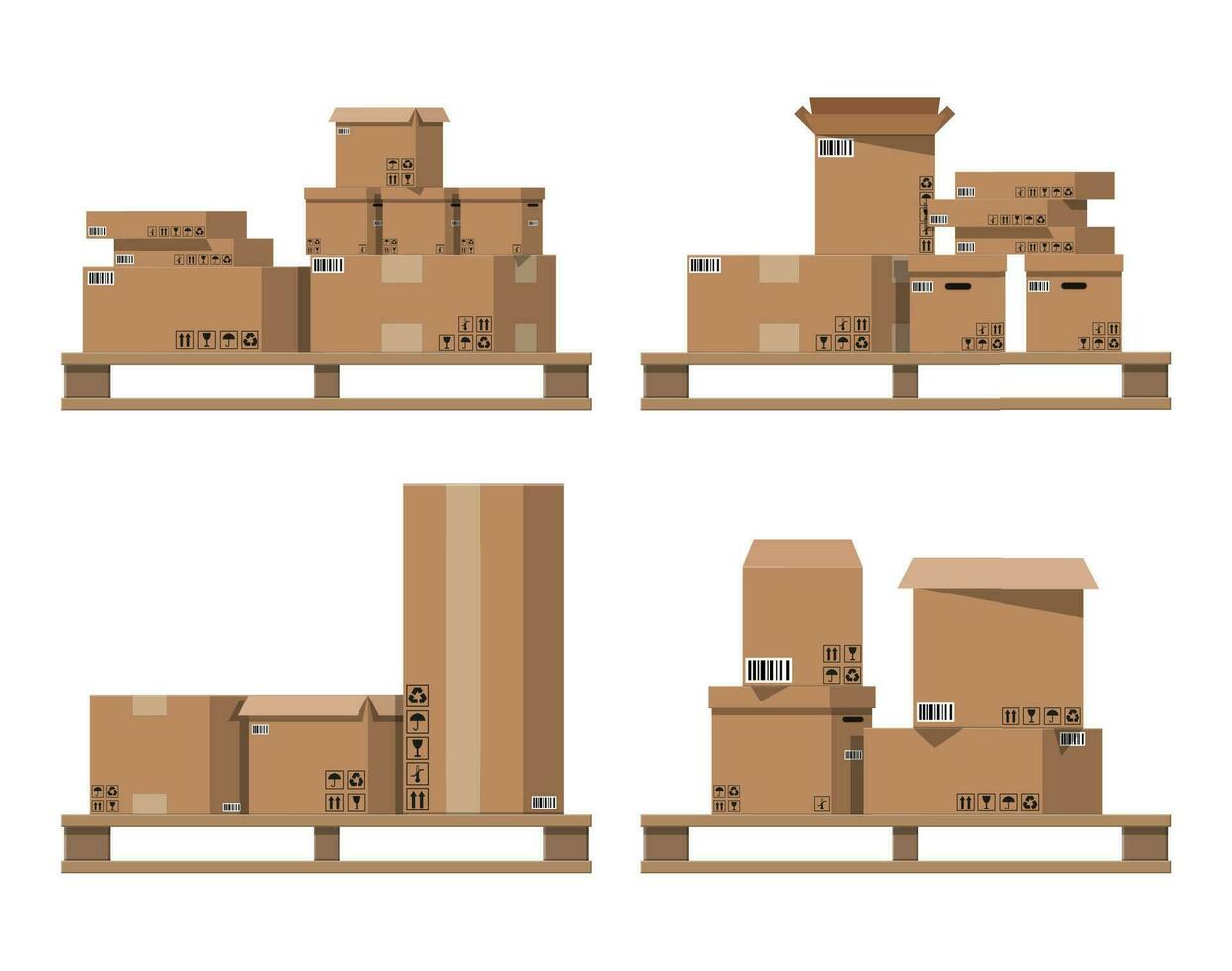 Pile cardboard boxes on wooden pallets. Carton delivery packaging open and closed box with fragile signs. Vector illustration in flat style