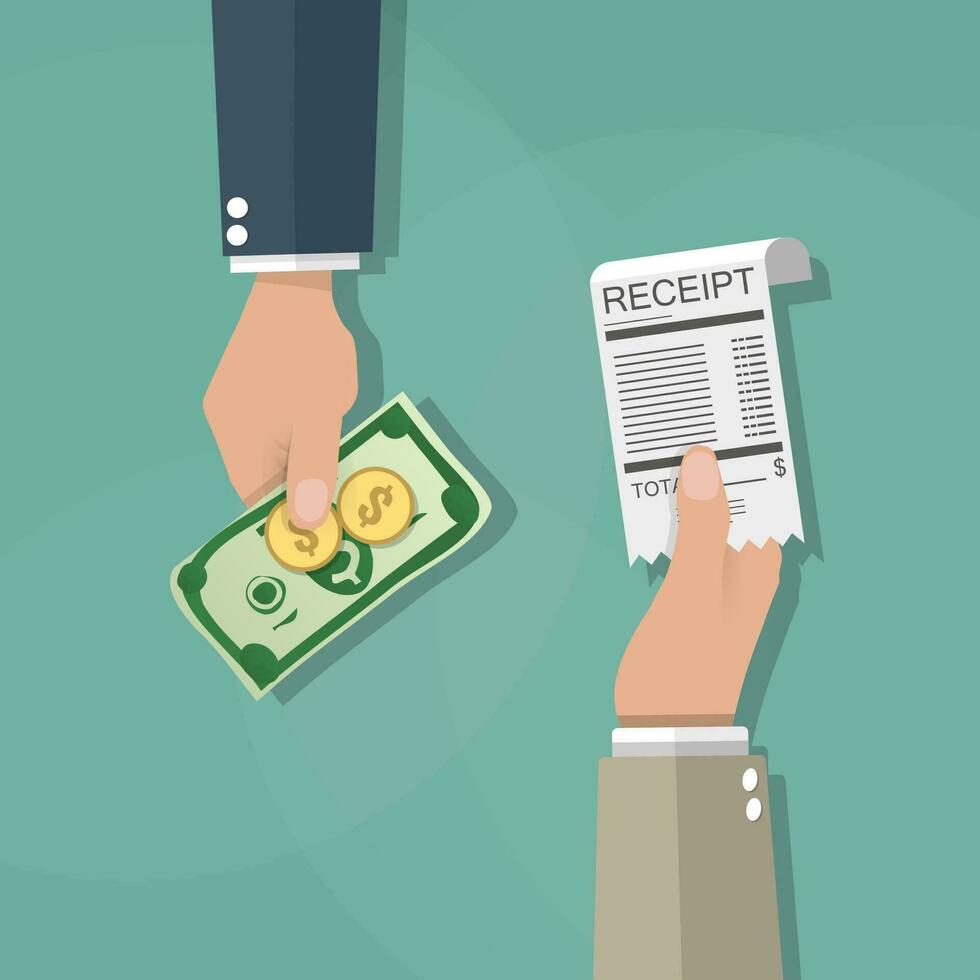 One cartoon hand giving receipt bill and another hand giving cash money, dollar banknote and coins. cash payments concept. vector illustration in flat design on green background