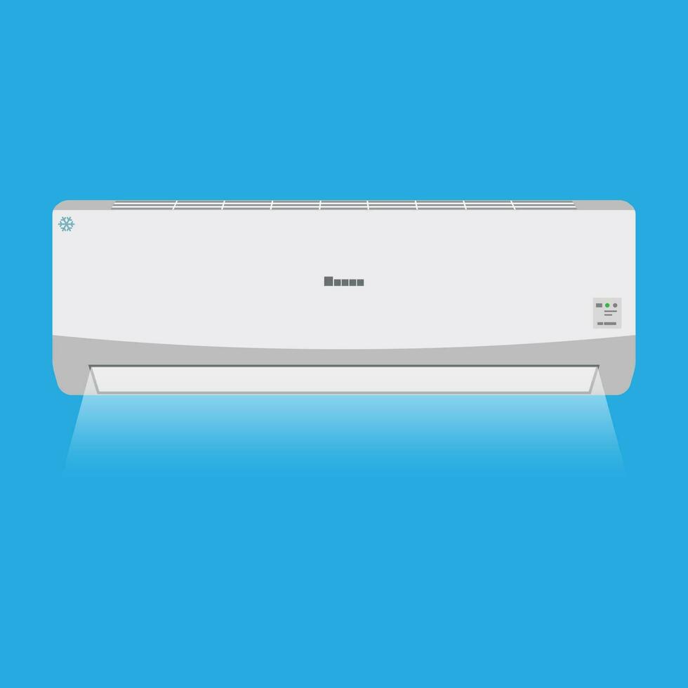 Air conditioner system. internal unit produces cool. vector illustration in flat style on blue background