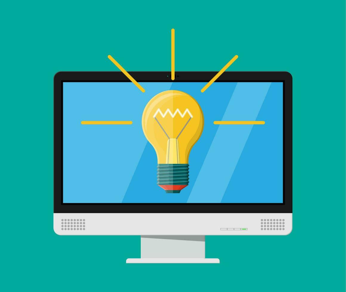 Computer monitor with light bulb. Concept of creative idea or inspiration. Glass bulb with spiral in flat style. Vector illustration