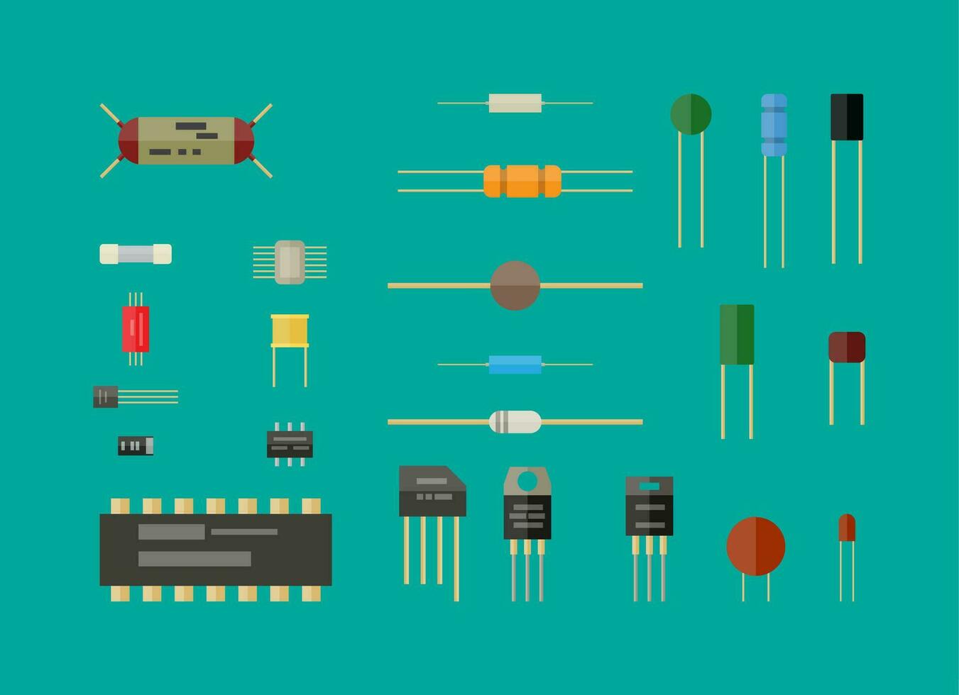 Electronic components, circuit set. Transistor, resistor, capacitor, led and chip. Vector illustration in flat style