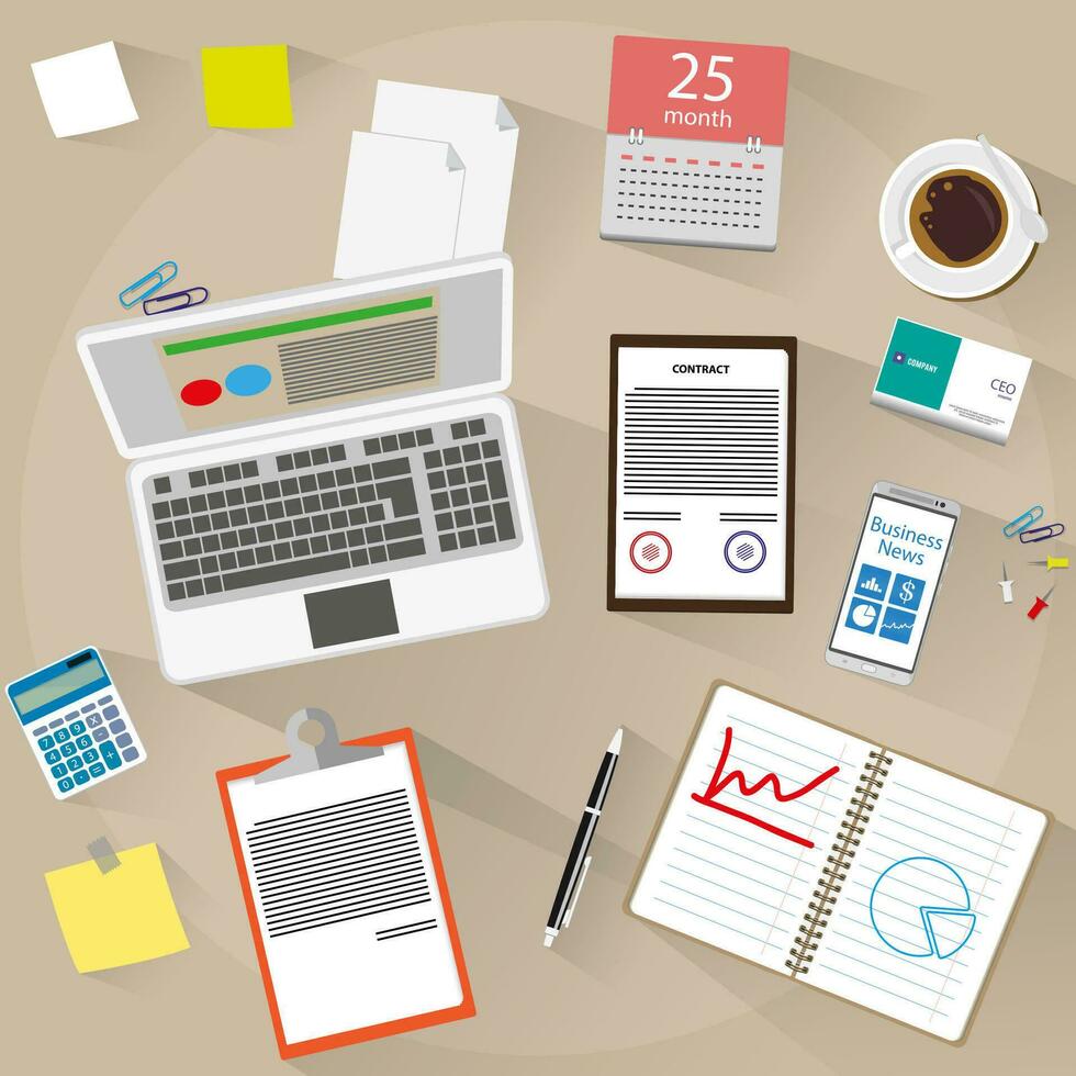 Office, workspace top view. Laptop, documents paper, pen, sticky notes, visit cards, smartphone, coffee cup calculator calendar. vector illustration in flat design