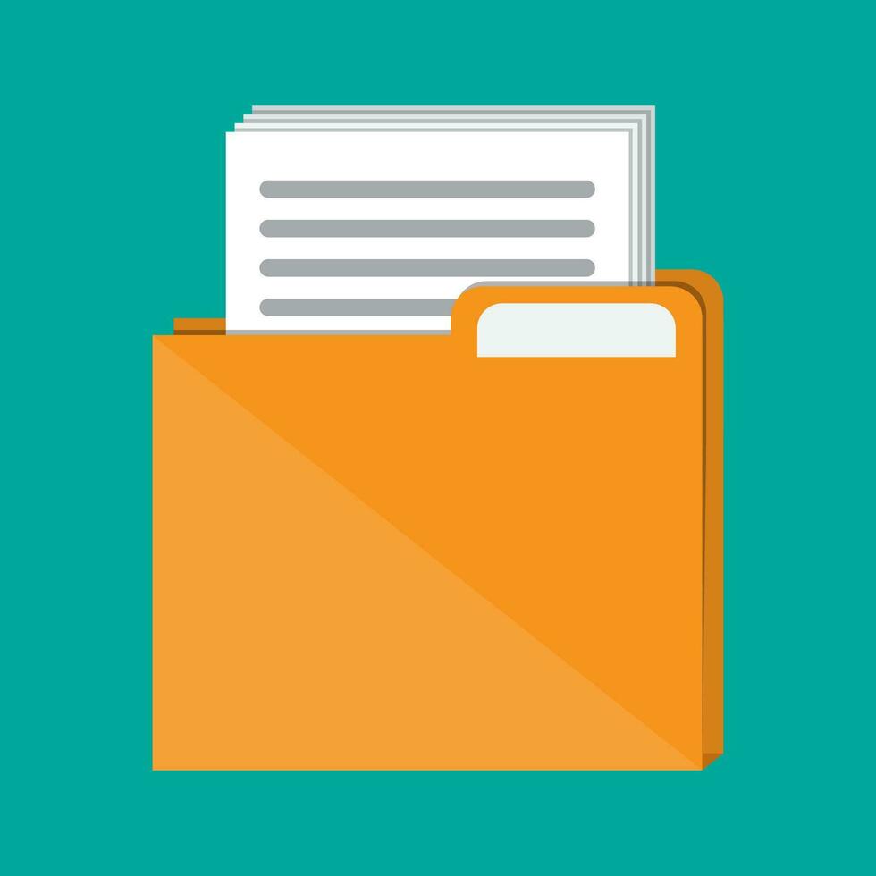 Orange documents folder with paper sheets. Vector illustration in flat style