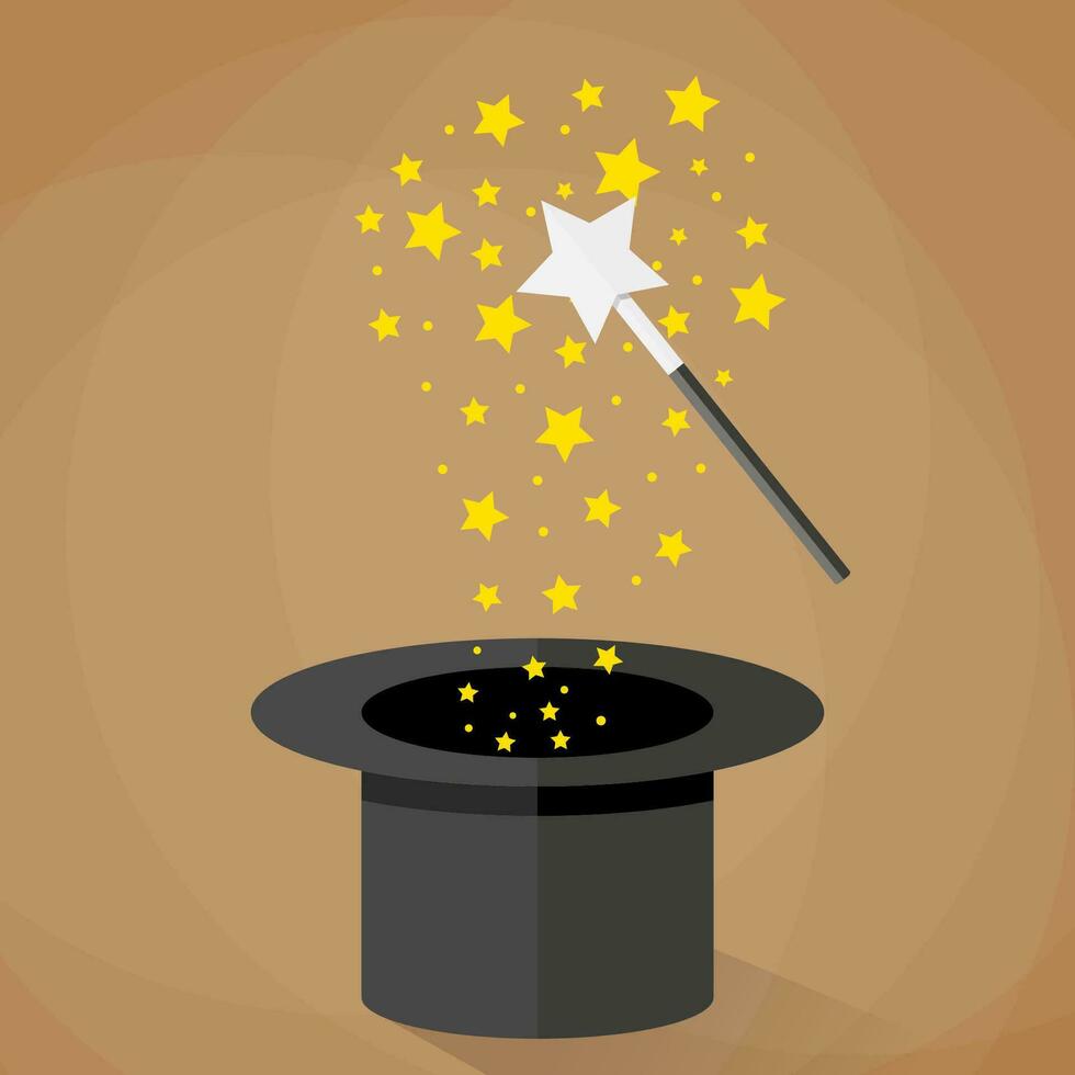 Magic hat and wand with sparkles and stars. vector illustration in flat design on brown background