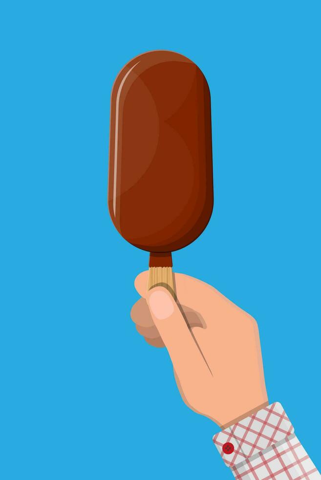Ice cream on stick in hand. Creamy eskimo in chocolate glaze. Fast food. Vector illustration in flat style