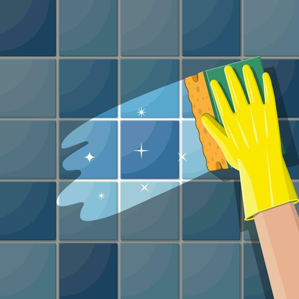 Hand in gloves with sponge wash wall in bathroom or kitchen. Cleaning service. Washing sponge. Kitchenware scouring pads. Kitchen and bath cleaning tool accestories. Vector illustration in flat style