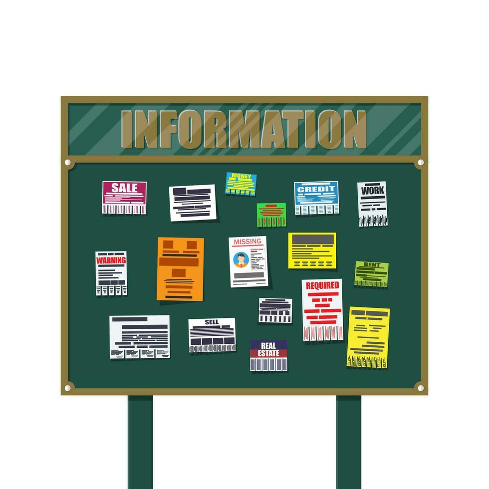 Various tear off papers ad on bulletin board. Advertisement and announcement, sell, rent, missing human, credit, work, money. Vector illustration in flat style