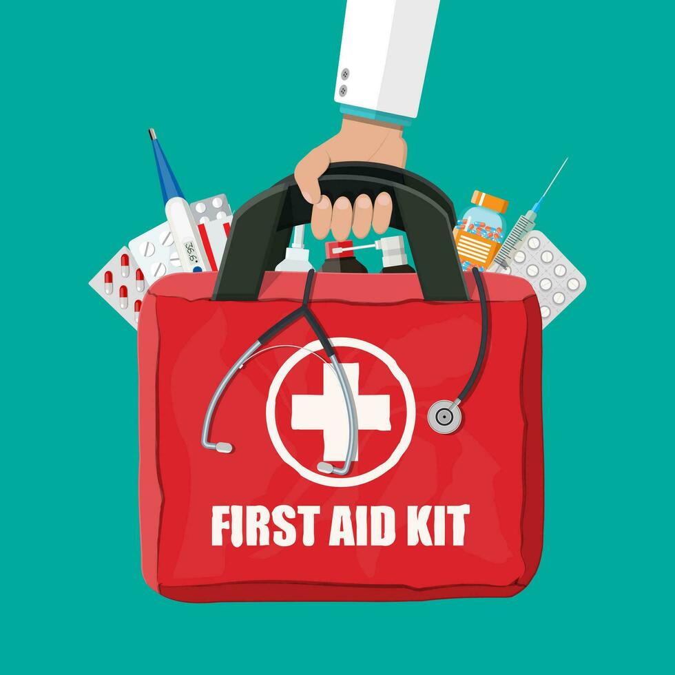 Medical first aid kit with different pills, phonendoscope, syringe and thermometer. Healthcare, hospital and medical diagnostics. Urgency and emergency services. Vector illustration in flat style