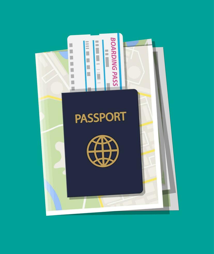 Folded paper city suburban map. Boarding pass and passport. Travel and vacation. Vector illustration in flat style