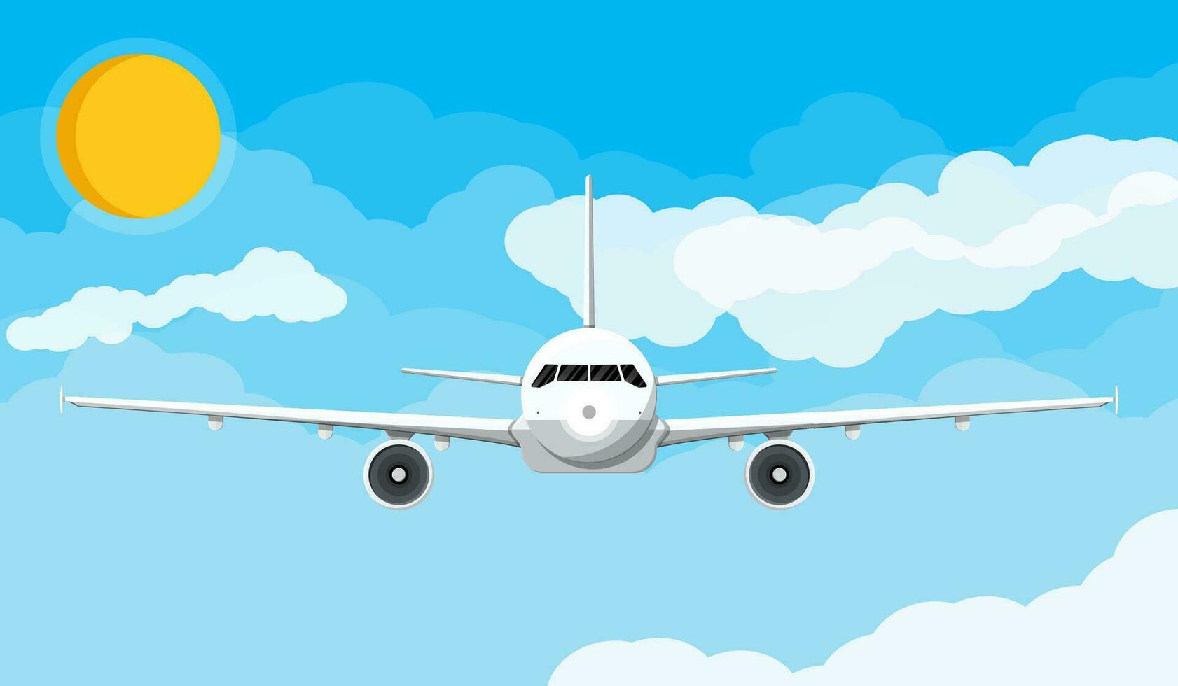 Airplane front view in the sky with clouds and sun. Passenger or commercial jet isolated on blue. Aircrfat in flat style. Vector illustration