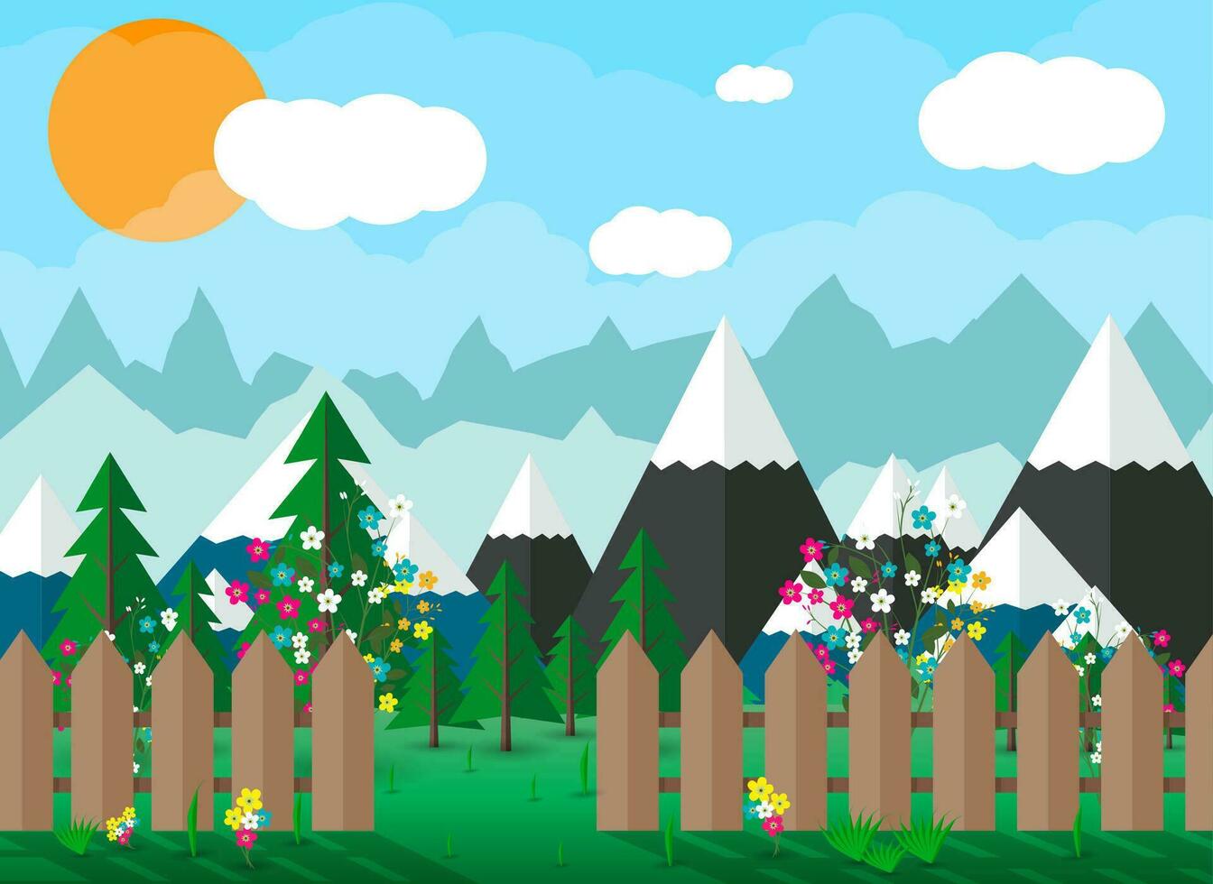 landscape of mountains, flowers, wooden fence, trees, blue sky with clouds and sun. vector illustration in flat style