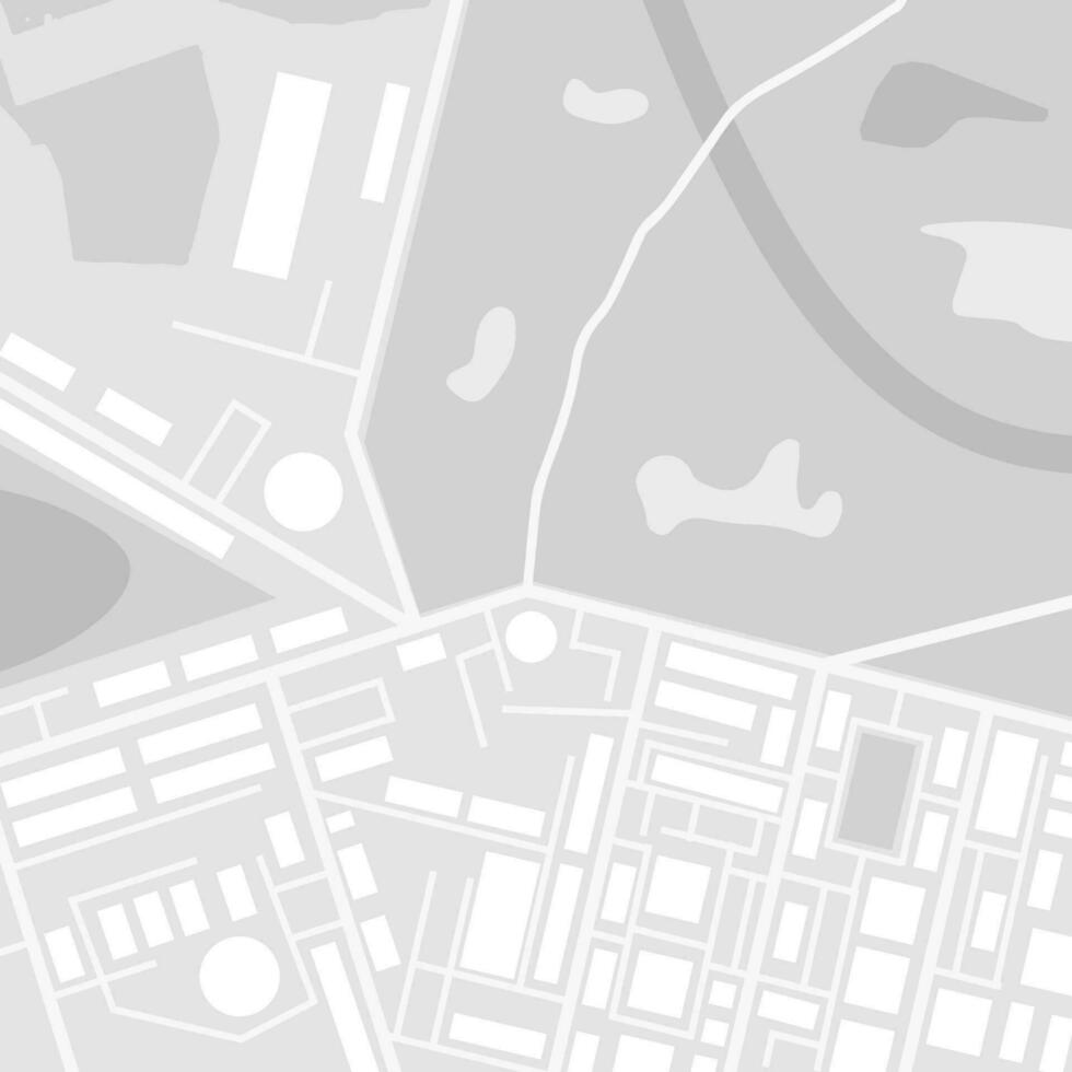 City suburban map in black and white. Abstract generic map with roads, buildings, parks, river, lake. GPS and navigation. Vector illustration in flat style