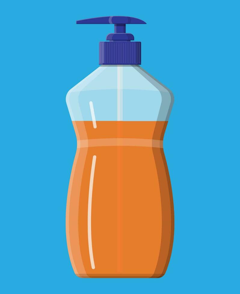 Bottle with liquid soap. Shower gel or shampoo. Dishwashing. Plastic bottle with dispenser for cleaning products. Vector illustration in flat style