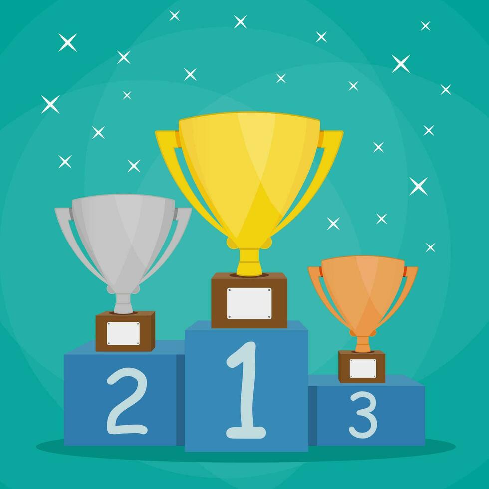 Gold, Silver and Bronze Trophy Cup on blue prize podium. Business or sporting achievements, the championship winner. victory. Vector illustration in flat style on green background