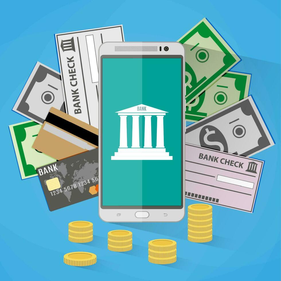 Concept for mobile banking and online payment. Smartphone, golden coins, bank cheks, dollar cash, credit debit card. vector illustration in flat design on blue background