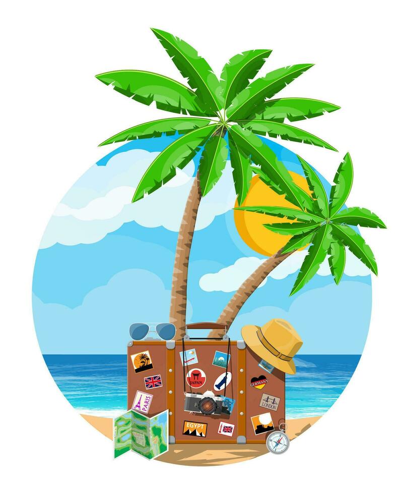 Vintage old travel suitcase on beach. Leather retro bag with stickers. Hat, photo camera, eyeglasses, island palm coconut. Sand beach, sea, cloud, sun. Vacation travel. Vector illustration flat style